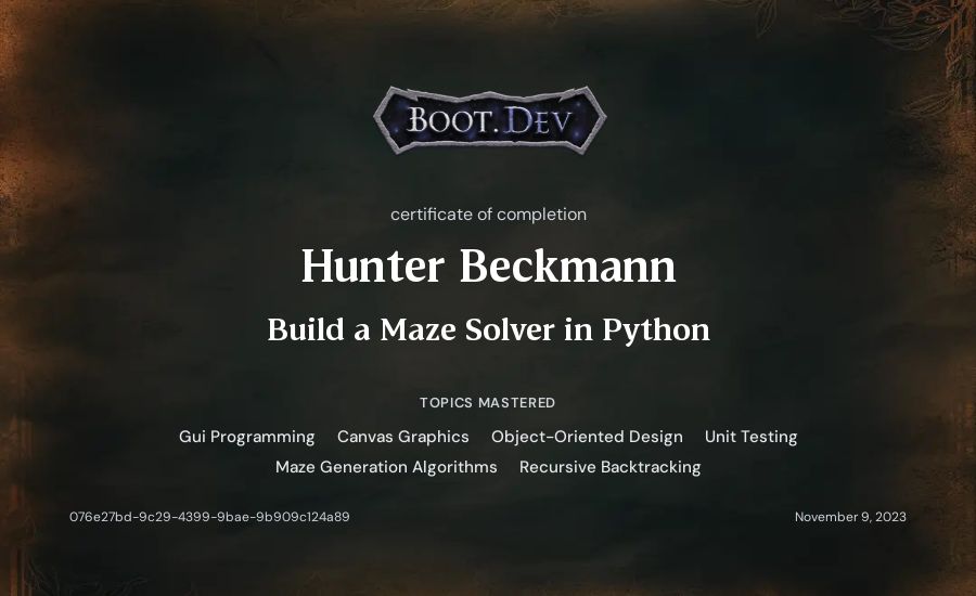 Hunter Beckmann's Boot.dev Build a Maze Solver in Python certificate