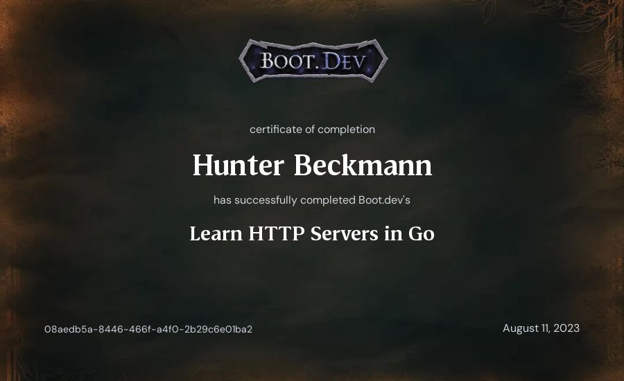 Hunter Beckmann's Boot.dev Learn HTTP Servers in Go certificate