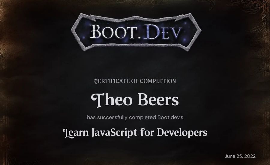 Theo Beers's Boot.dev Learn JavaScript certificate