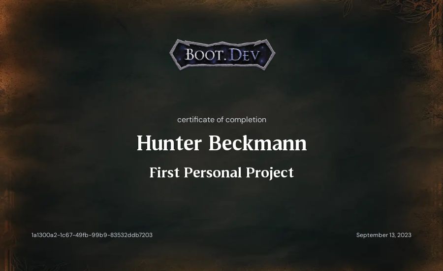 Hunter Beckmann's Boot.dev First Personal Project certificate