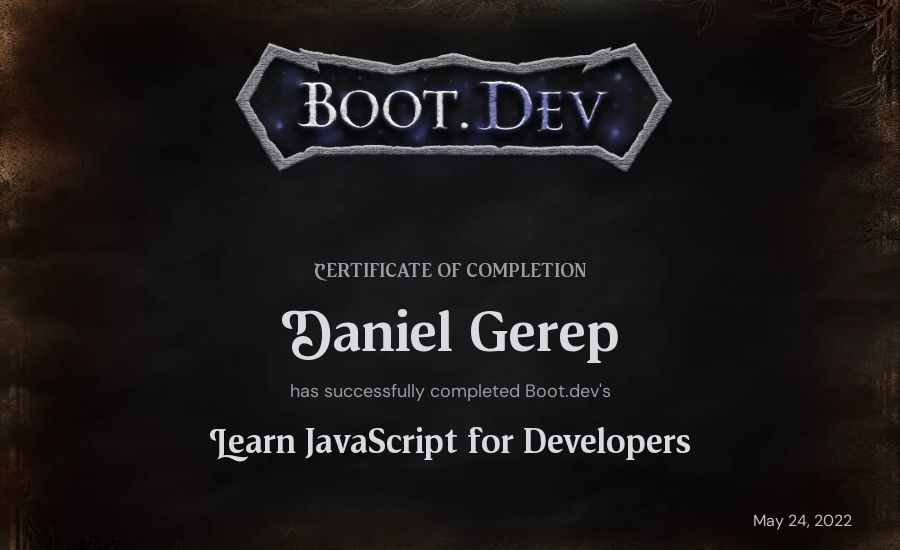 Daniel Gerep's Boot.dev Learn JavaScript certificate