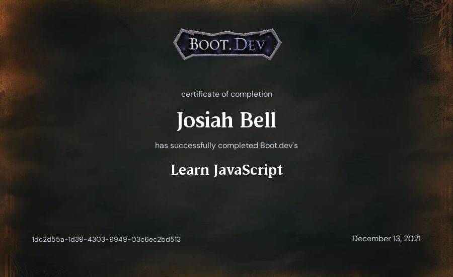 Josiah Bell's Boot.dev Learn JavaScript certificate