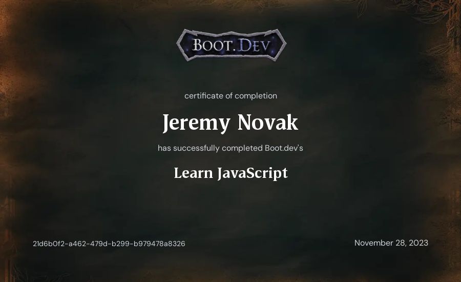 Jeremy Novak's Boot.dev Learn JavaScript certificate