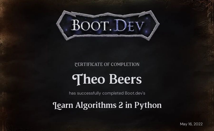 Theo Beers's Boot.dev Learn Data Structures and Algorithms 2 in Python certificate