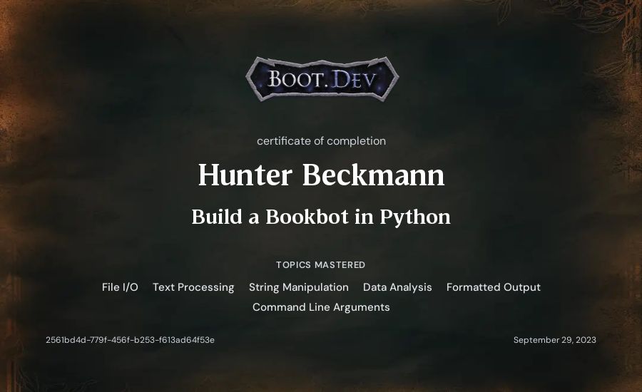 Hunter Beckmann's Boot.dev Build a BookBot in Python certificate