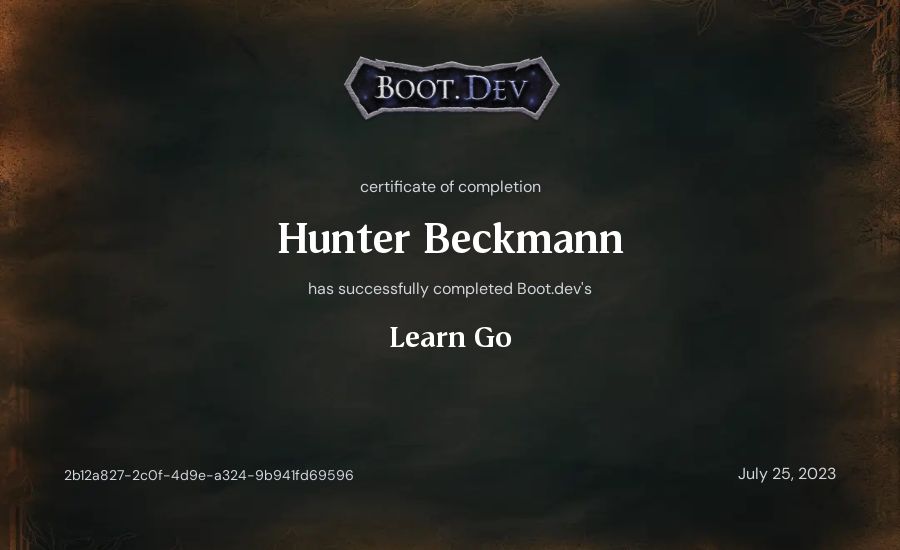 Hunter Beckmann's Boot.dev Learn Go certificate