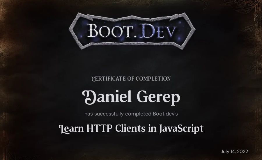 Daniel Gerep's Boot.dev Learn HTTP Clients in TypeScript certificate