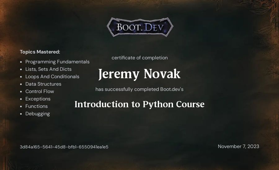 Jeremy Novak's Boot.dev Introduction to Python Course certificate