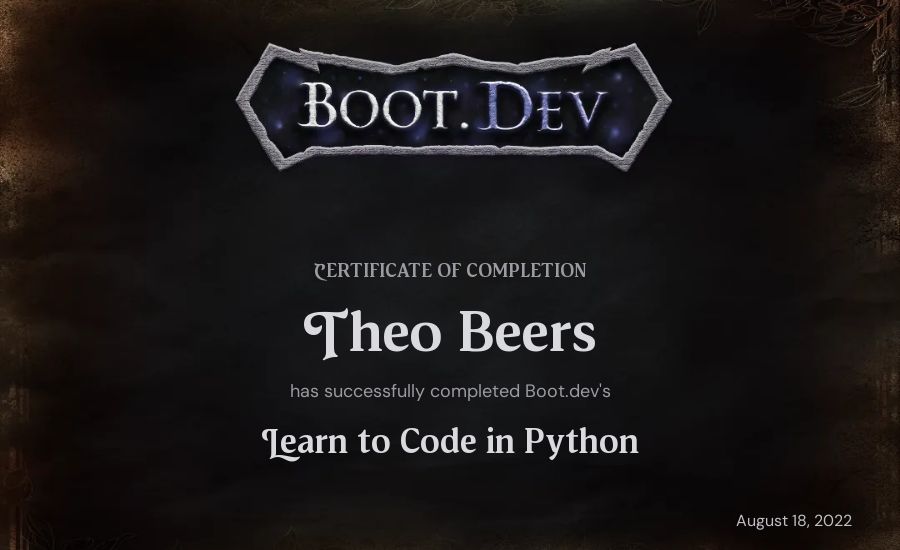 Theo Beers's Boot.dev Introduction to Python Course certificate