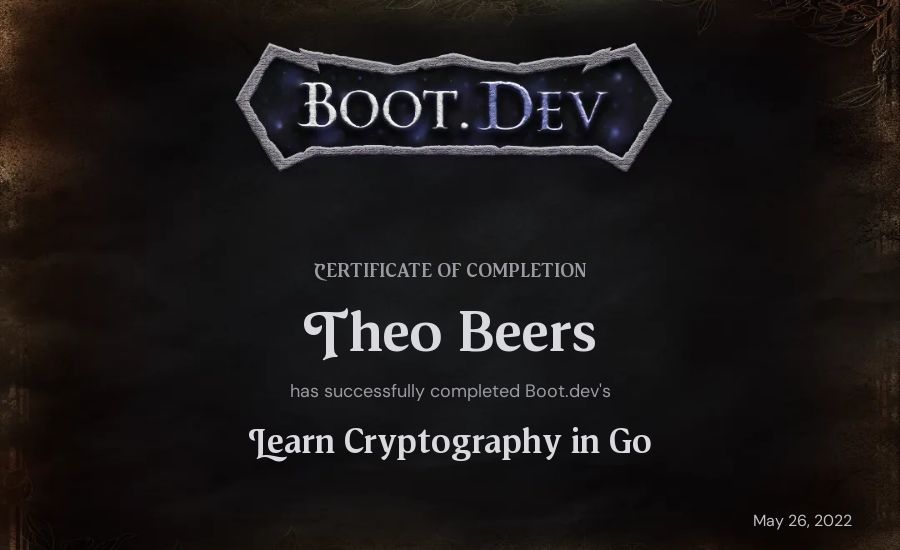 Theo Beers's Boot.dev Learn Cryptography in Go certificate