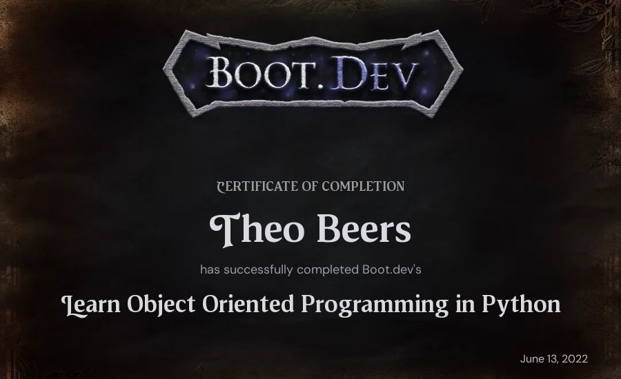 Theo Beers's Boot.dev Learn Object Oriented Programming in Python certificate