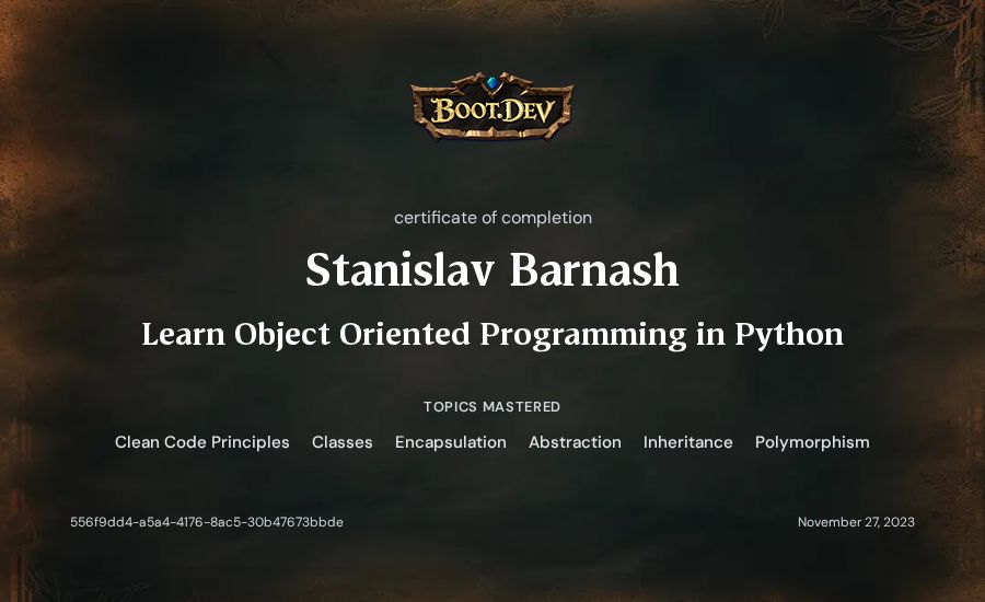 Stanislav Barnash's Boot.dev Learn Object Oriented Programming in Python certificate