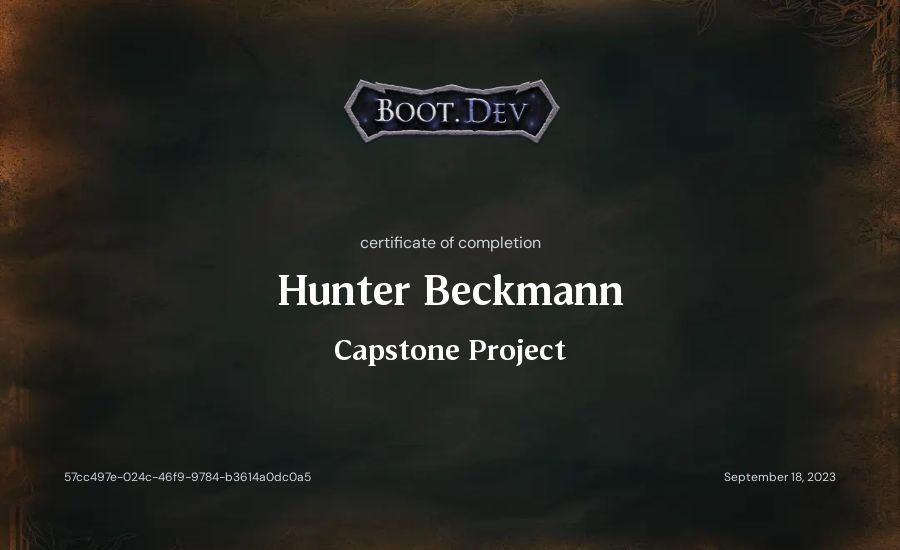Hunter Beckmann's Boot.dev Capstone Project certificate