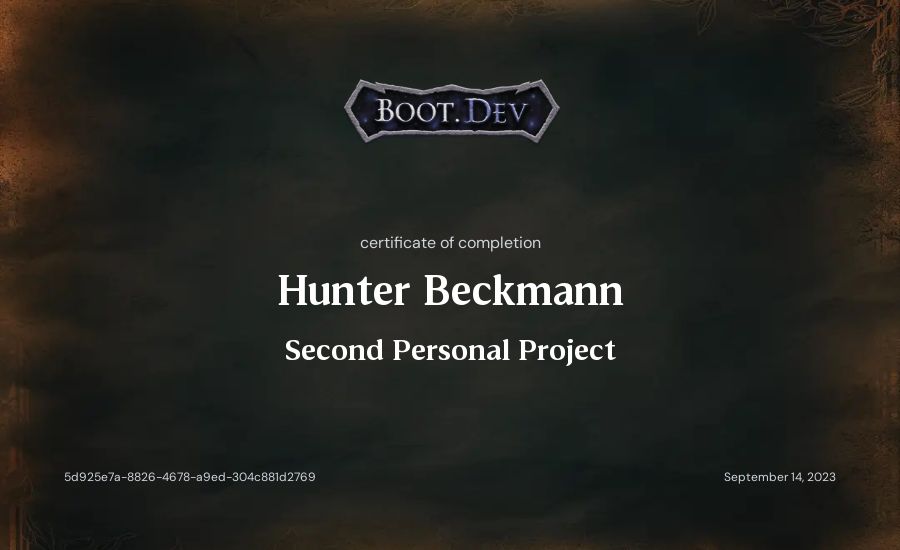 Hunter Beckmann's Boot.dev Second Personal Project certificate