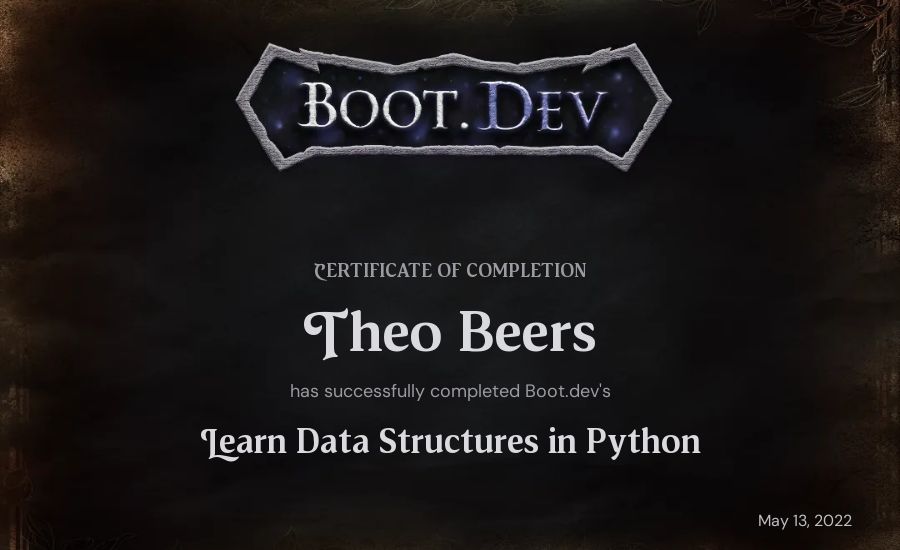 Theo Beers's Boot.dev Learn Data Structures and Algorithms in Python certificate