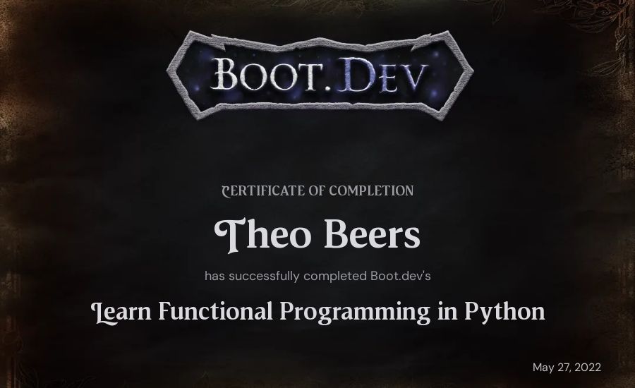 Theo Beers's Boot.dev Learn Functional Programming in Python certificate