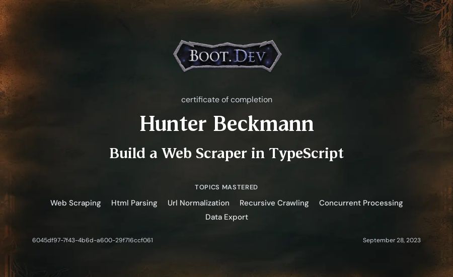 Hunter Beckmann's Boot.dev Build a Web Scraper in TypeScript certificate