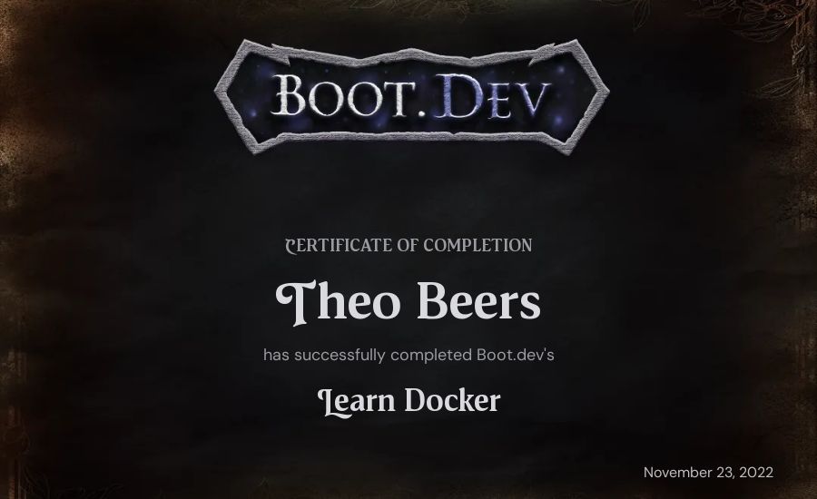 Theo Beers's Boot.dev Learn Docker certificate
