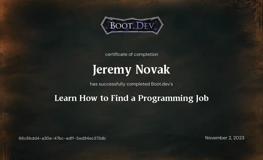 Jeremy Novak's Boot.dev Learn How to Find a Programming Job certificate