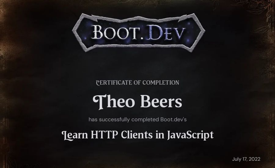 Theo Beers's Boot.dev Learn HTTP Clients in TypeScript certificate