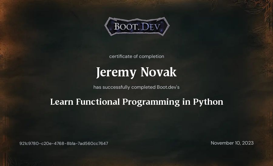 Jeremy Novak's Boot.dev Learn Functional Programming in Python certificate