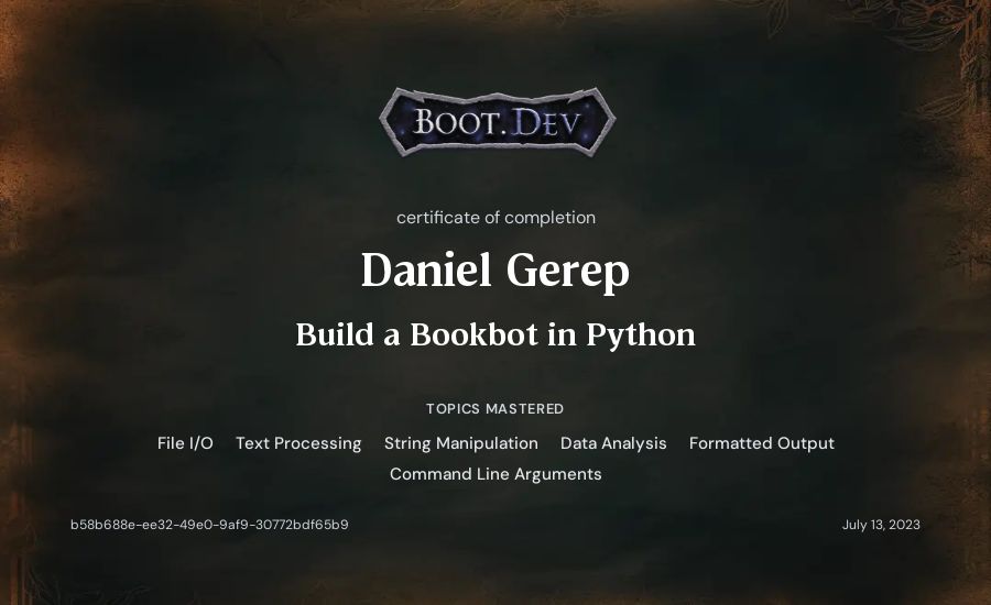 Daniel Gerep's Boot.dev Build a BookBot in Python certificate