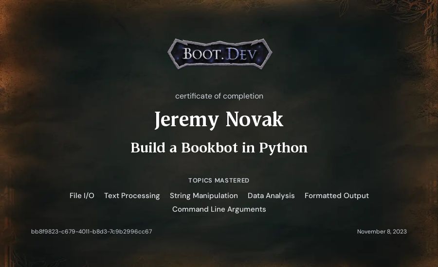 Jeremy Novak's Boot.dev Build a BookBot in Python certificate