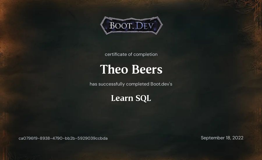 Theo Beers's Boot.dev Learn SQL certificate