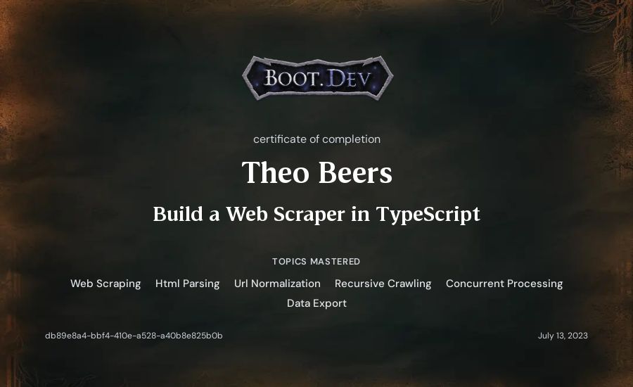 Theo Beers's Boot.dev Build a Web Scraper in TypeScript certificate