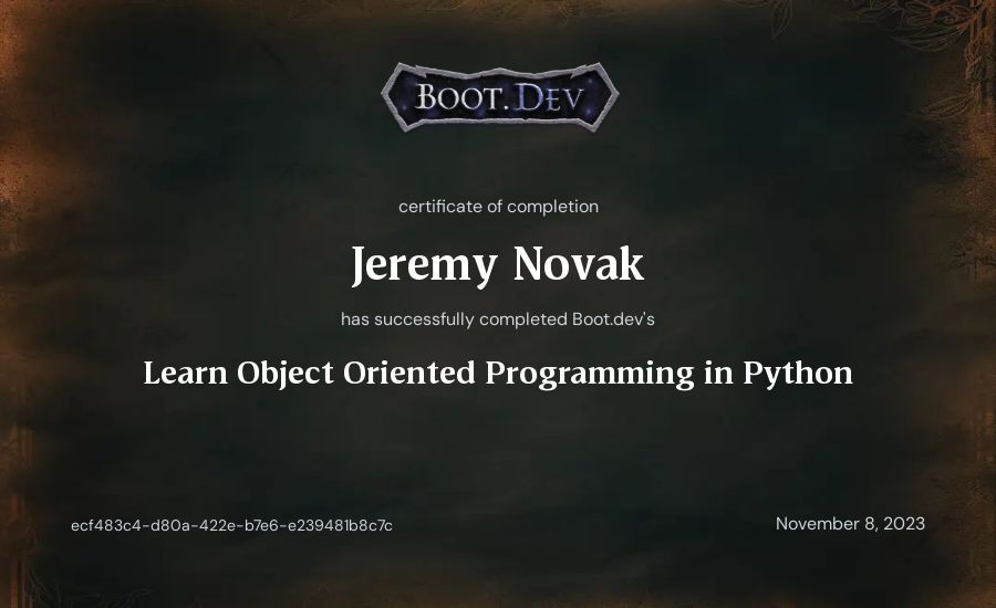 Jeremy Novak's Boot.dev Learn Object Oriented Programming in Python certificate