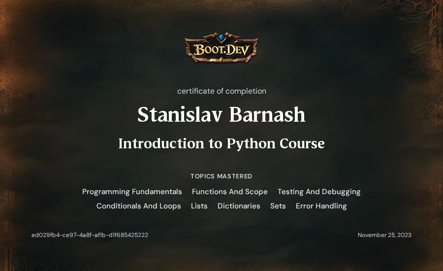 Stanislav Barnash's Boot.dev Introduction to Python Course certificate