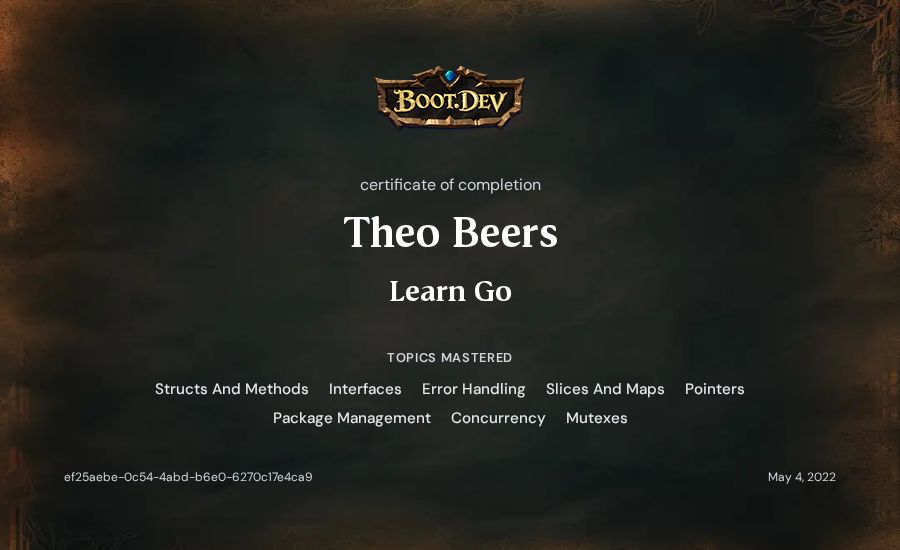 Theo Beers's Boot.dev Learn Go certificate