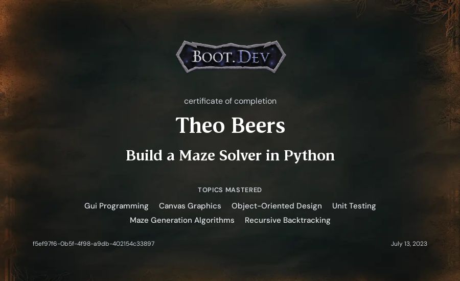 Theo Beers's Boot.dev Build a Maze Solver in Python certificate
