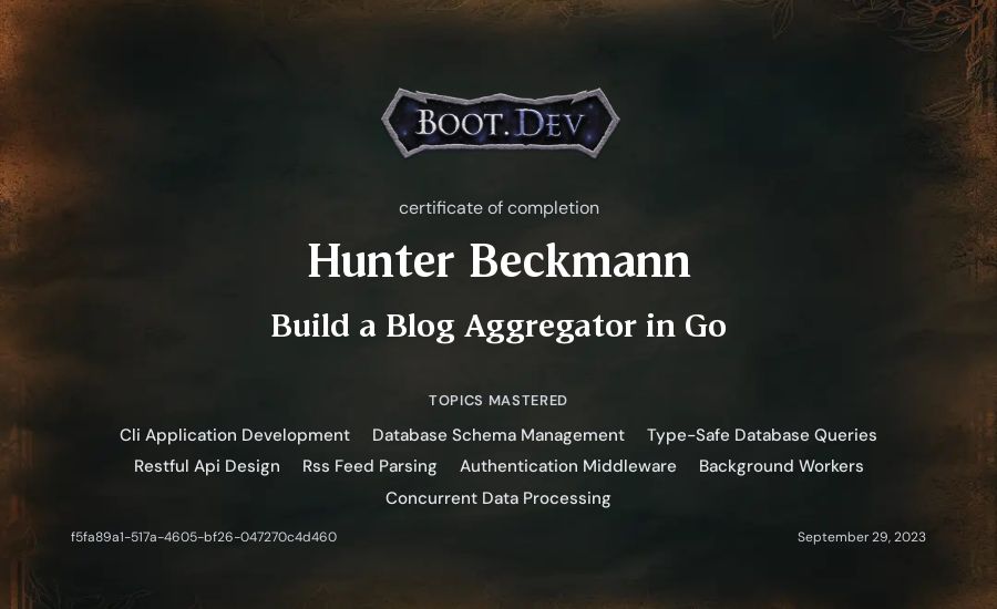 Hunter Beckmann's Boot.dev Build a Blog Aggregator in Go certificate