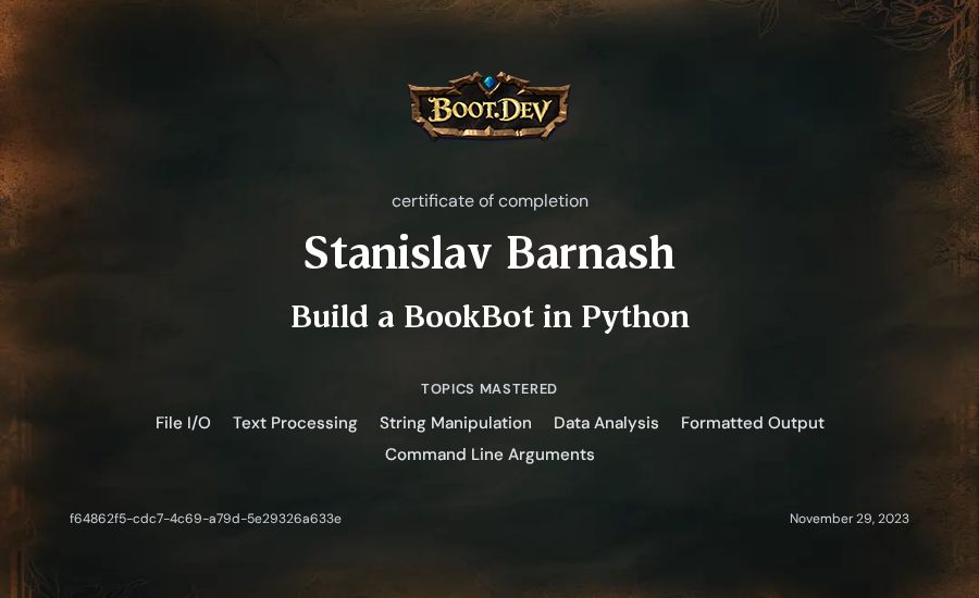 Stanislav Barnash's Boot.dev Build a BookBot in Python certificate