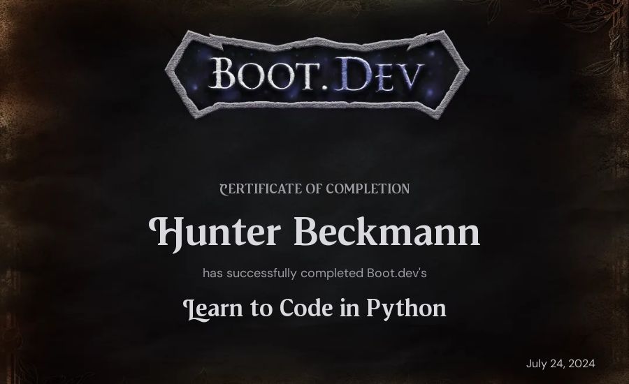 Hunter Beckmann's Boot.dev Introduction to Python Course certificate